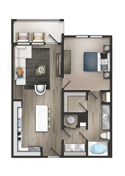 Floor plan for 1 bed, 1 bath, 804 sqft